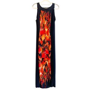 R&M Richards Sleeveless Two Toned Abstract Print Maxi Dress Black Orange Size 12